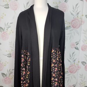 NEW Womens Pretty Black Dainty Pink Floral Open Front Cardigan Sweater L large